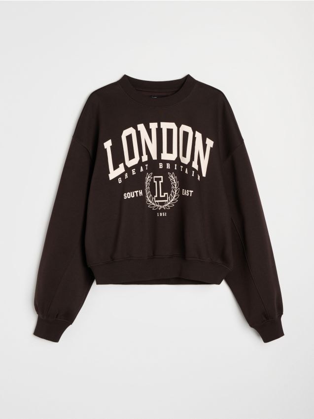 Sinsay - Bluză crewneck cu inscripție London - maro-închis
