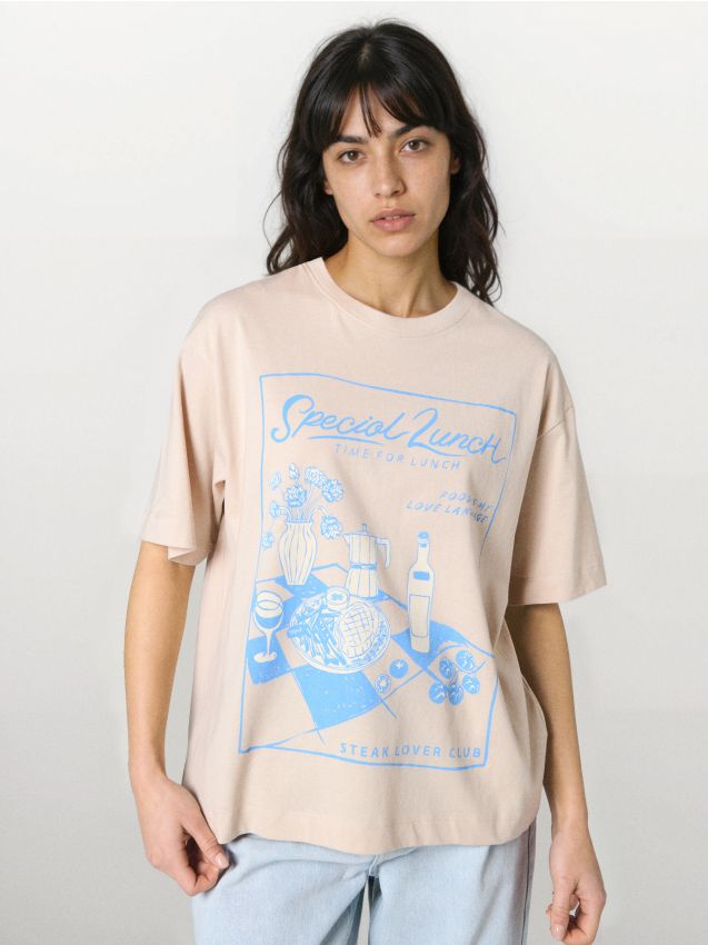 Sinsay - Tricou din bumbac cu imprimeu - nude