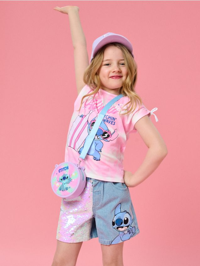 Sinsay - Jeansowe szorty z cekinami i nadrukiem Stitch - niebieski