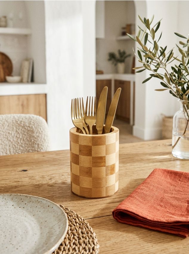 Sinsay - Organizator de bucătărie din bambus cu model în carouri - bej