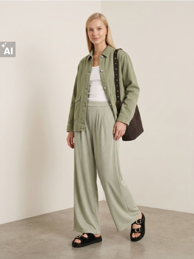 Sinsay - Pantaloni wide leg cu fir lurex strălucitor - verde-deschis