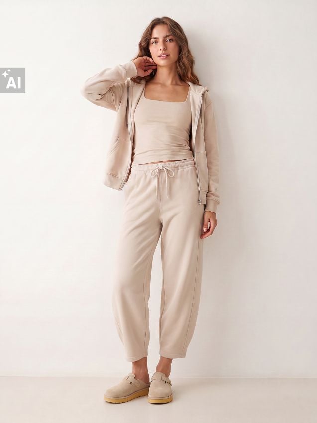 Sinsay - Pantaloni de trening barrel din fleece - bej