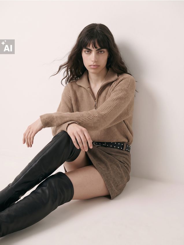 Sinsay - Pulover half-zip cu guler înalt - cafeniu