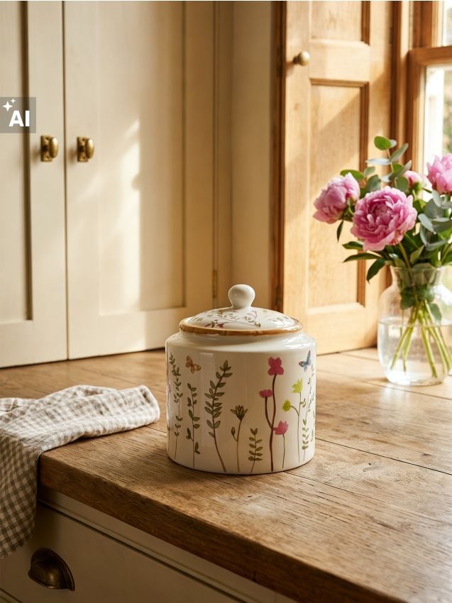 Sinsay - Recipient ceramic pentru alimente cu capac cu motiv floral - crem