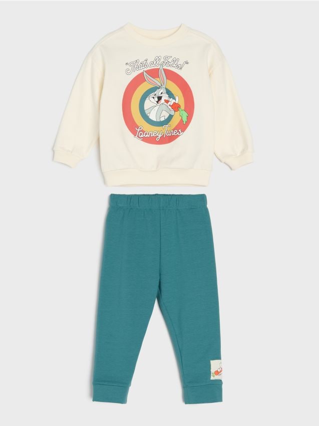 Sinsay - Set din bumbac: bluză crewneck și pantaloni jogger cu imprimeu Looney Tunes - crem