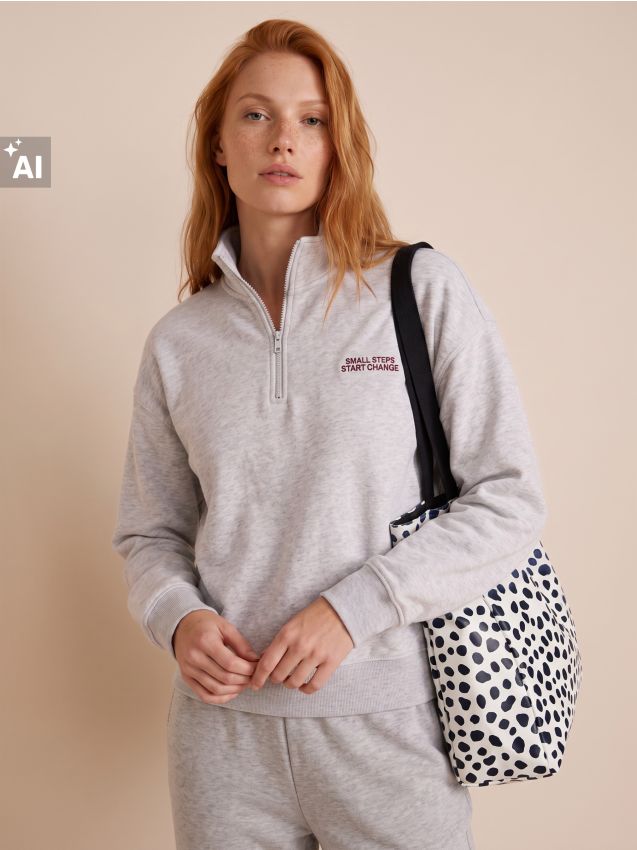 Sinsay - Bluză half-zip cu inscripție brodată și bumbac - gri deschis