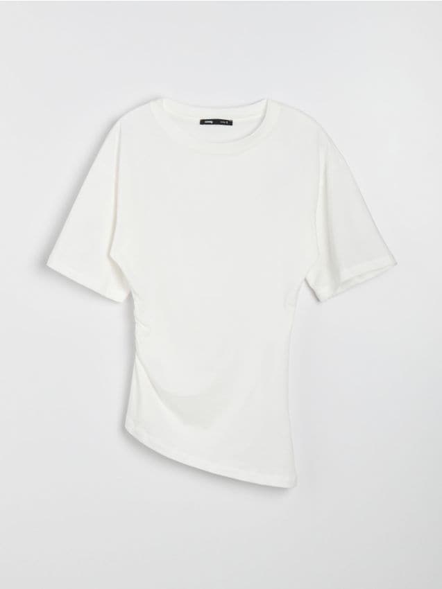 Blusa in Cotone con Ruches Asimmetriche sul Lato - bianco
