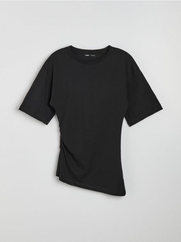 Blusa in Cotone con Ruches Asimmetriche sul Lato - nero