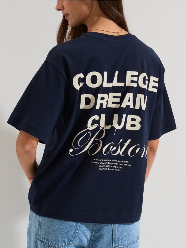 Sinsay - Bawełniana koszulka z napisem - granatowy