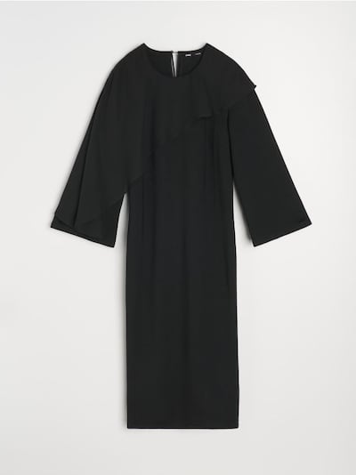 Κομψό midi φόρεμα με ασύμμετρη λεπτομέρεια από σιφόν