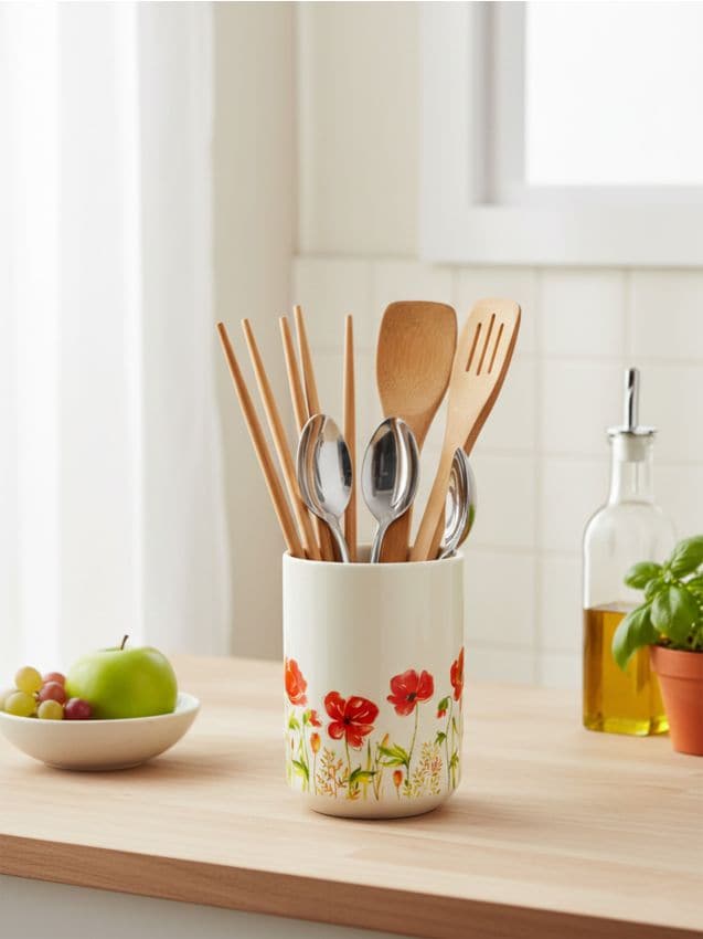 Sinsay - Recipient ceramic pentru tacâmuri cu motiv floral - crem