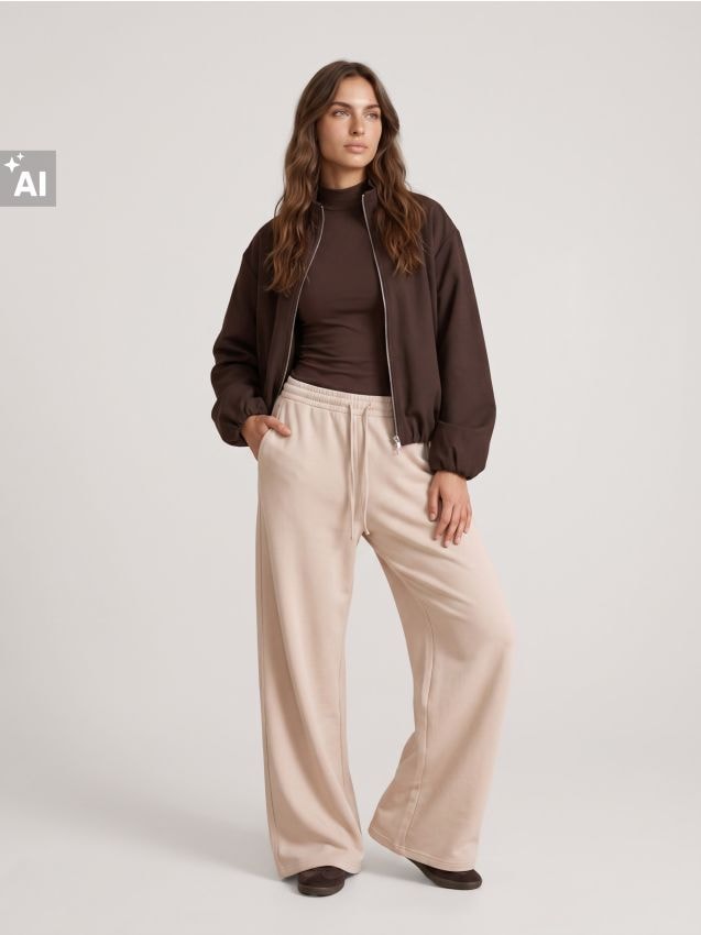 Sinsay - Pantaloni wide leg soft touch cu buzunare și amestec de viscoză - bej