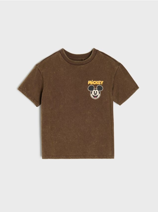 Sinsay - Tricou oversize din bumbac cu imprimeu Mickey Mouse - maro-închis