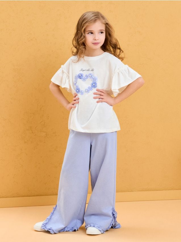 Sinsay - Spodnie dresowe wide leg z ozdobnymi falbankami - niebieski