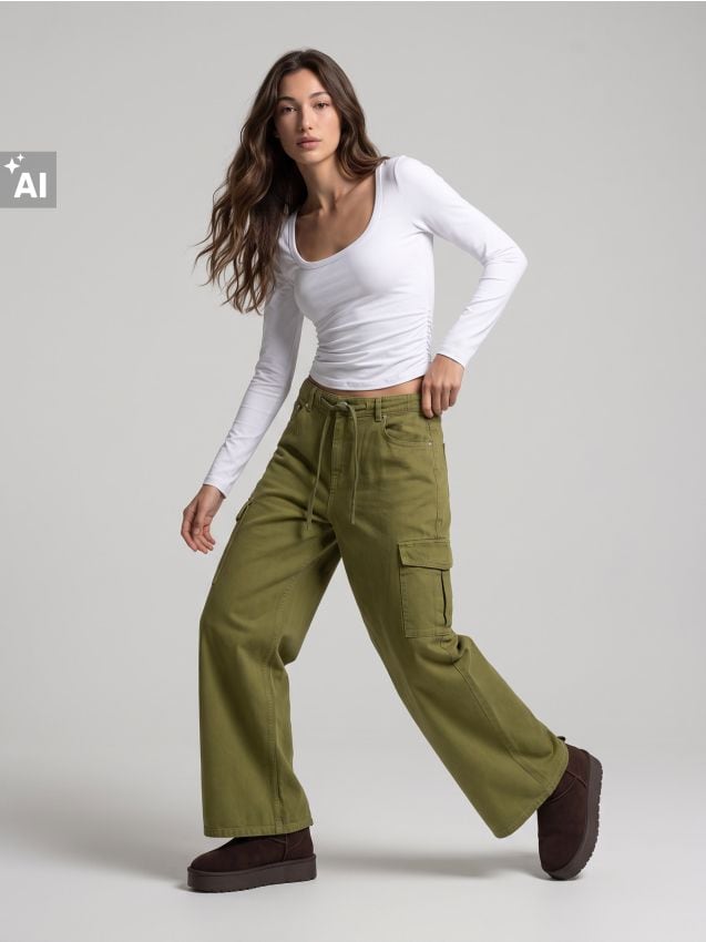 Sinsay - Blugi wide leg cu șnur de legare - verde