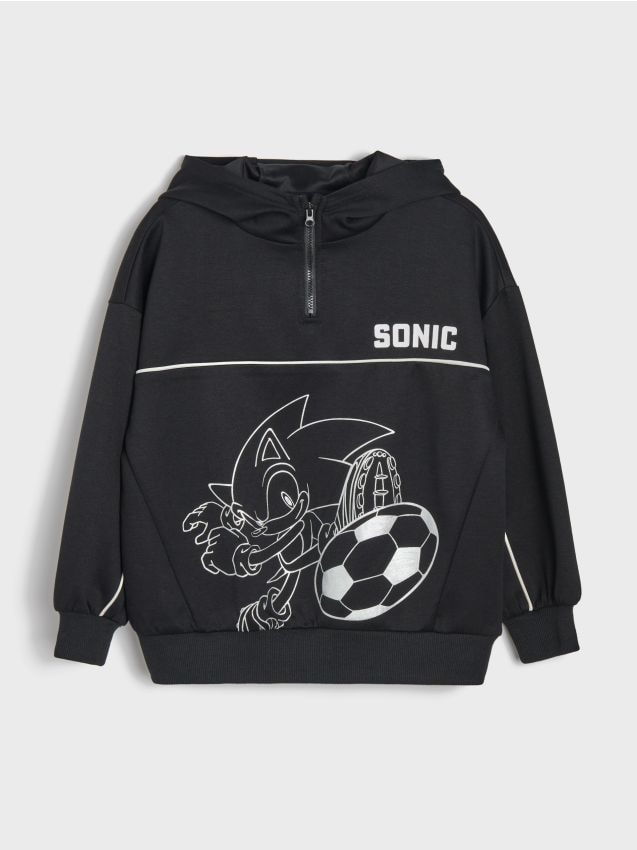 Sinsay - Hanorac sport Active cu fermoar scurt și imprimeu Sonic the Hedgehog - negru