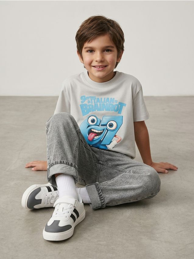 Sinsay - Tricou din bumbac cu imprimeu Italian Brainrot Skifidol - gri deschis