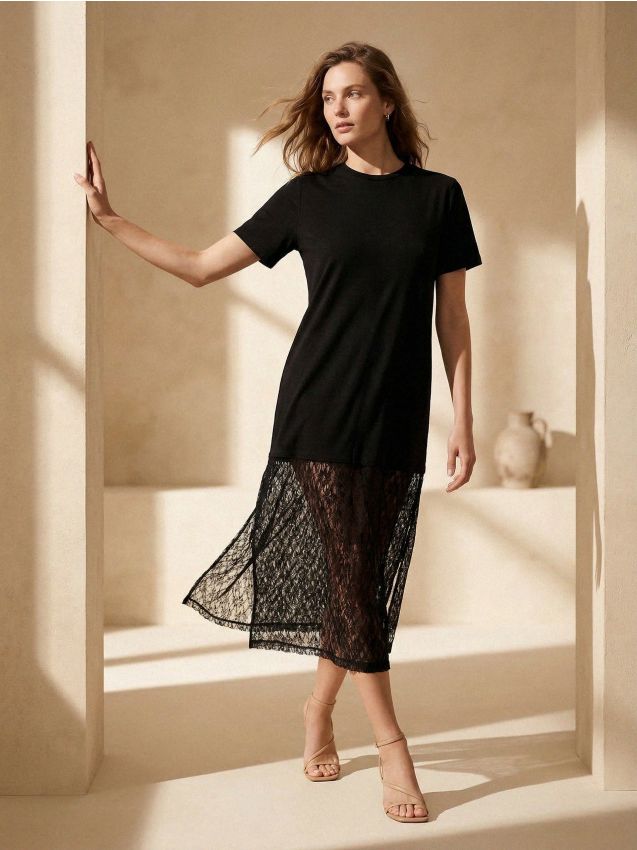 Sinsay - Rochie midi cu tiv din dantelă - negru