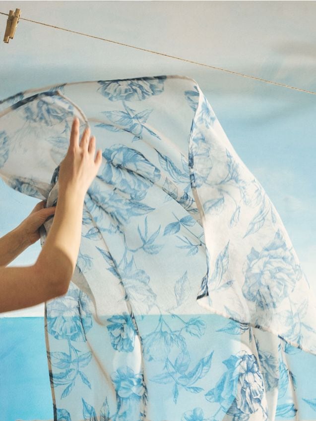 Sinsay - Draperie cu bandă și model floral - albastru-pal