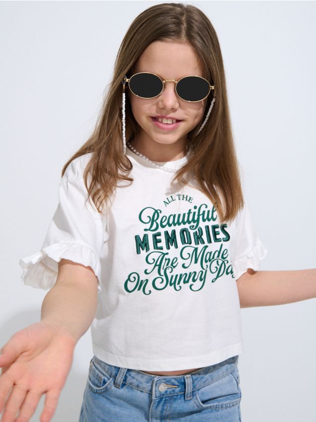 Sinsay - Tricou din bumbac cu inscripție - crem