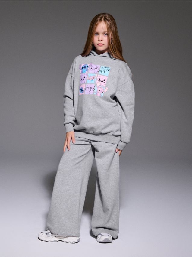 Sinsay - Spodnie wide leg z nadrukiem Stitch - szary