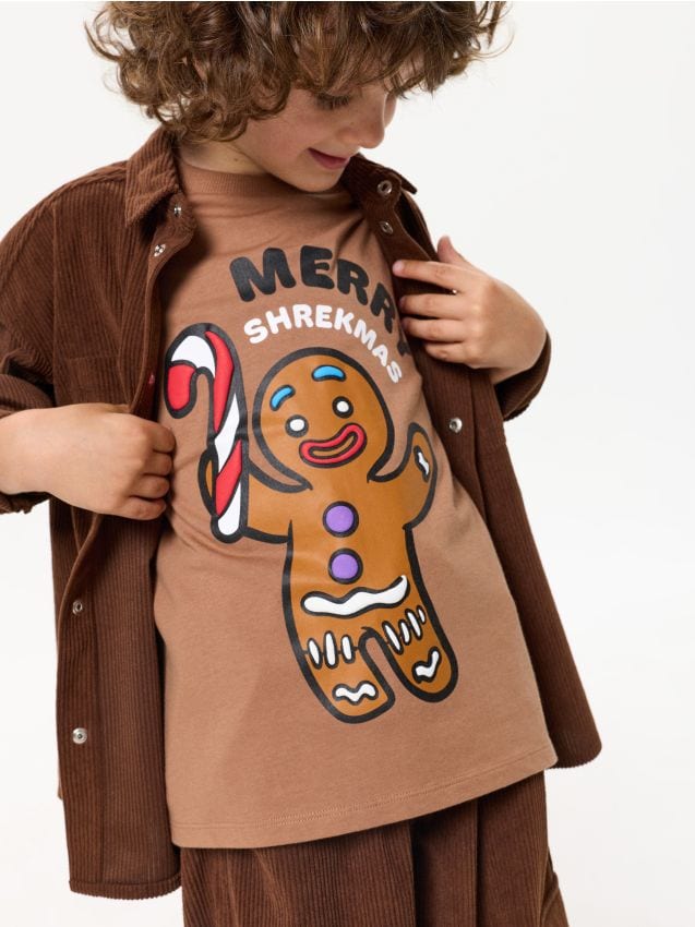 Sinsay - Tricou de Crăciun din bumbac cu imprimeu cu omuleț din turtă dulce - maro-închis