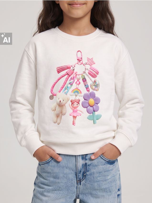 Sinsay - Bluză crewneck din bumbac cu imprimeu breloc cu pandantive - crem