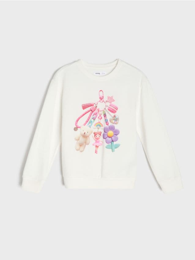 Sinsay - Bluză crewneck din bumbac cu imprimeu breloc cu pandantive - crem