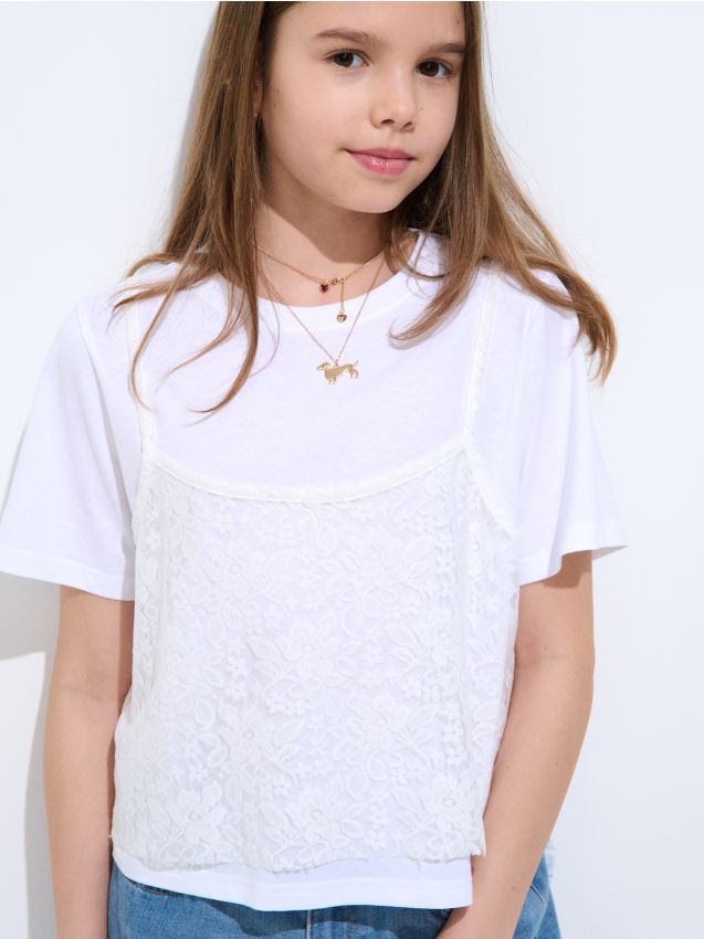 Sinsay - Tricou din bumbac, cu detalii din dantelă - alb