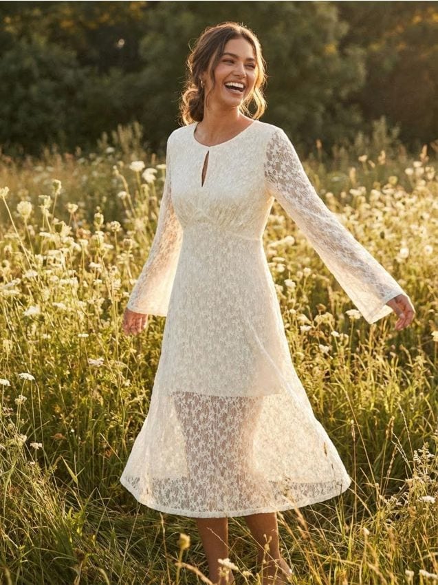 Sinsay - Rochie maxi din tricot dantelat cu mânecă evazată - crem