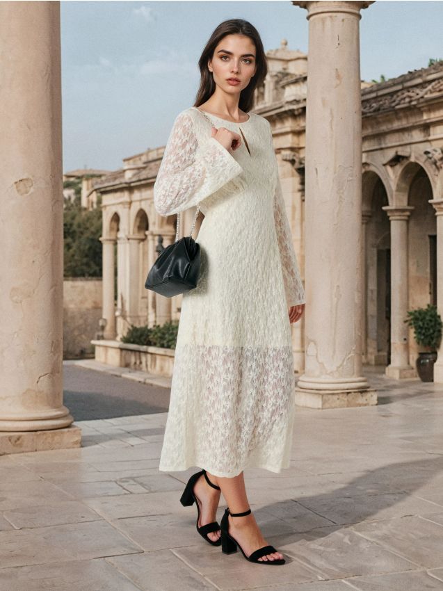 Sinsay - Rochie maxi din tricot dantelat cu mânecă evazată - crem