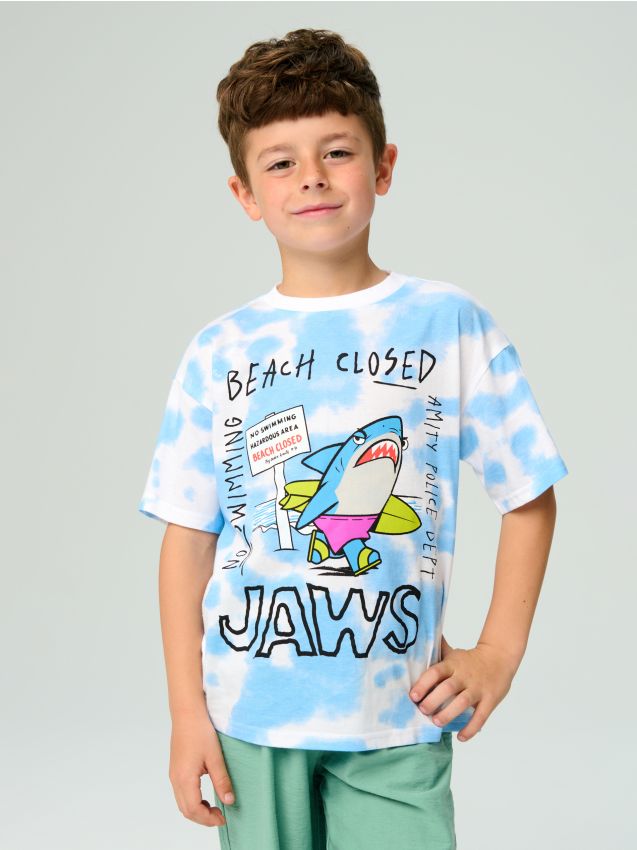 Sinsay - Tricou din bumbac cu efect tie-dye Jaws - albastru-pal
