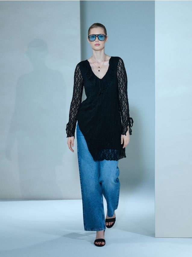 Sinsay - Rochie mini babydoll cu dantelă - negru