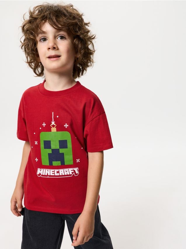 Sinsay - Tricou din bumbac cu motiv de Crăciun Minecraft - roșu