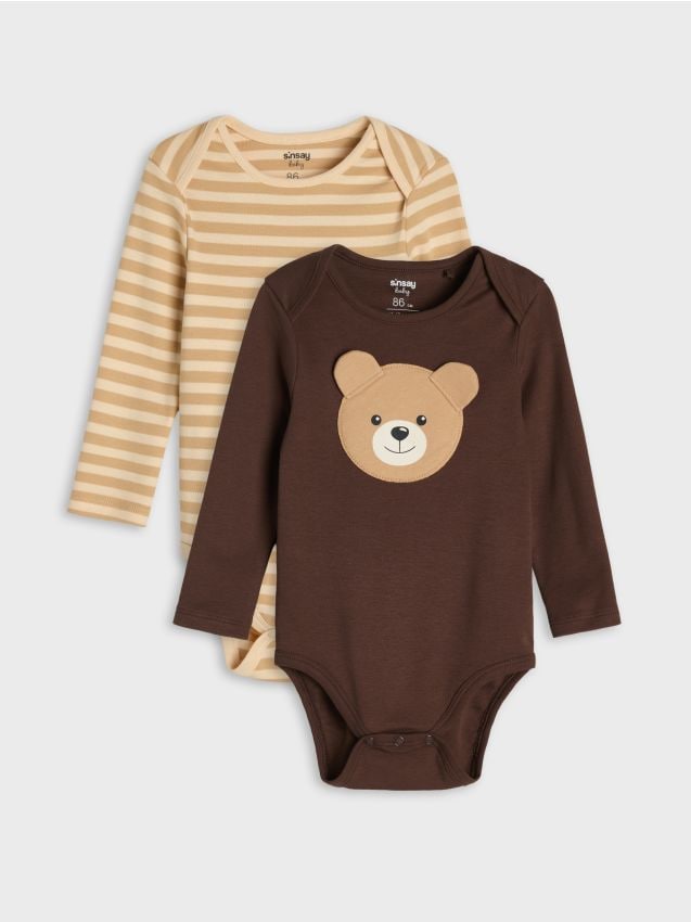 Sinsay - Body din bumbac cu motiv ursuleț 2 pack - maro