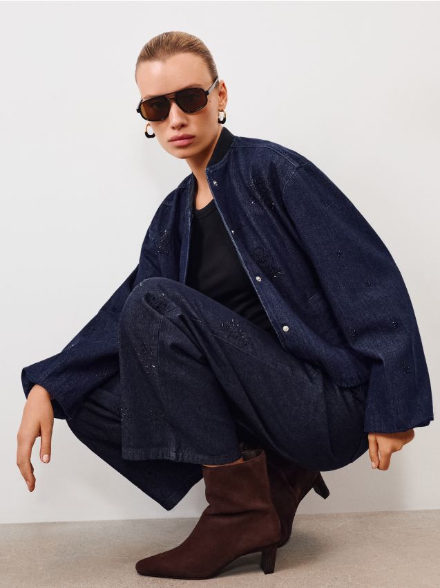 Sinsay - Blugi straight wide leg cu pietre strălucitoare - albastru metalizat