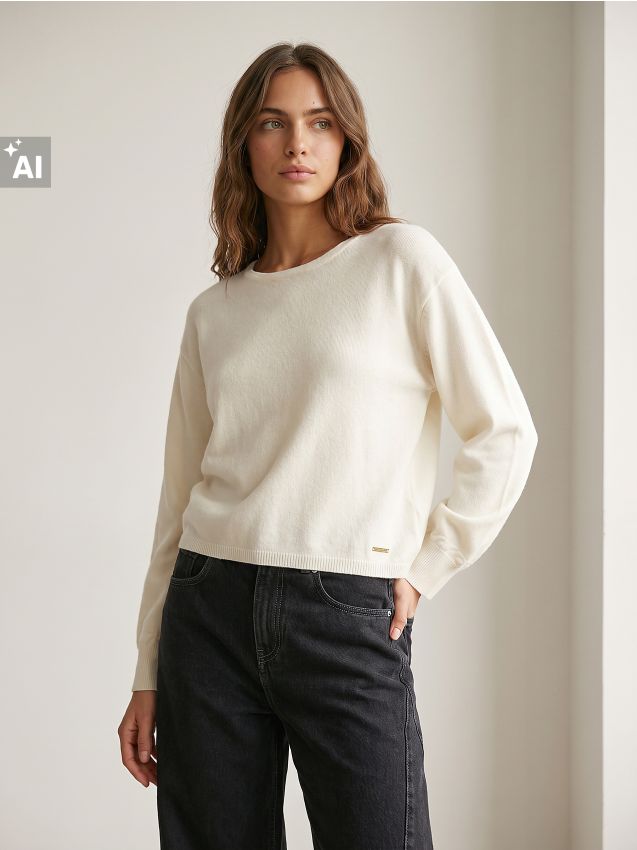 Sinsay - Pulover uni cu amestec de viscoză - crem