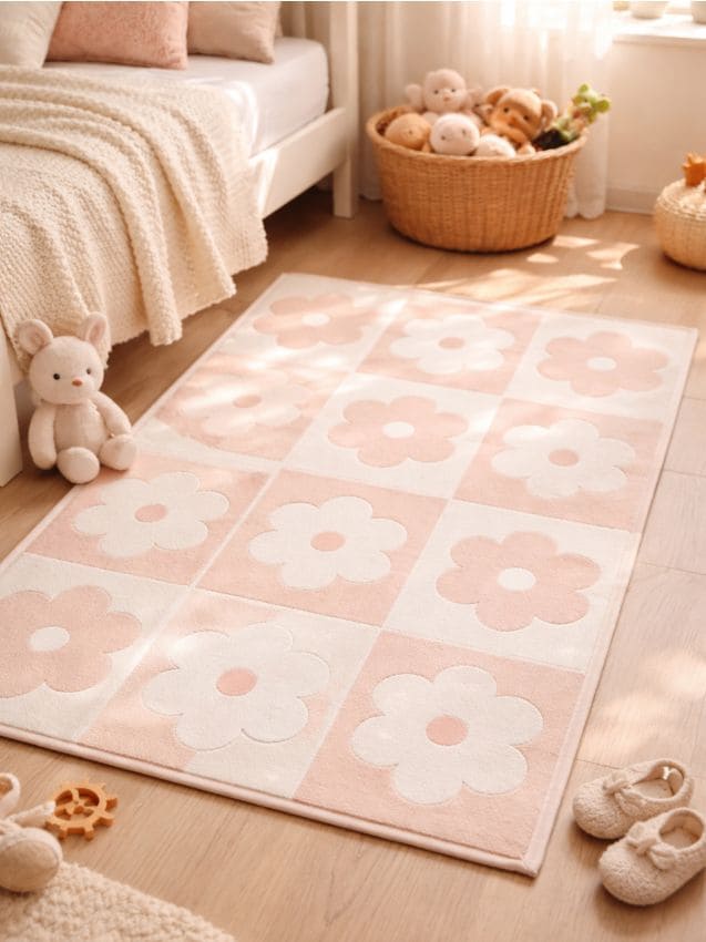 Sinsay - Covor cu model șah și motiv floral - roz