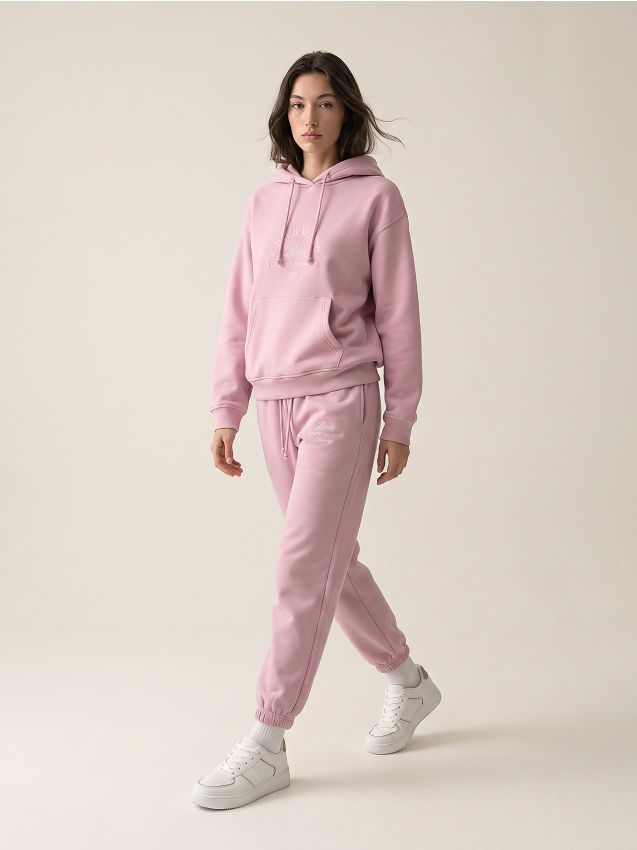Sinsay - Pantaloni jogger de trening cu broderie - roz-trandafiriu