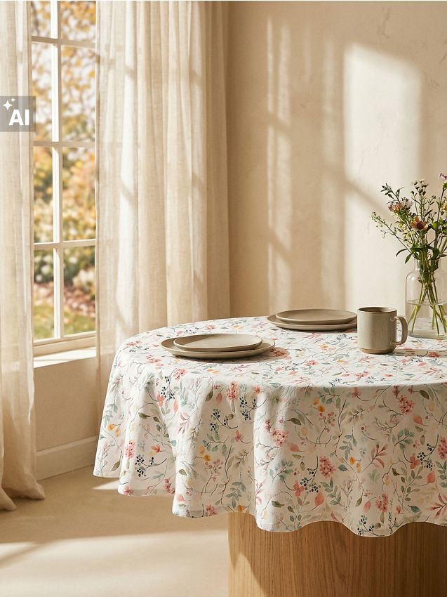 Sinsay - Față de masă rotundă cu motiv vegetal - crem