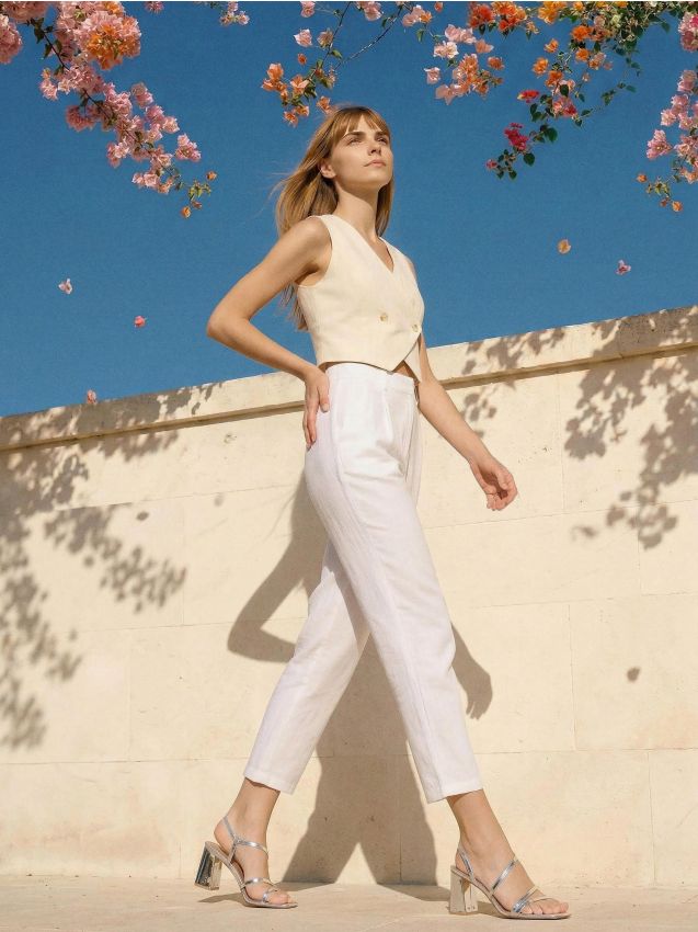 Sinsay - Eleganckie spodnie z zakładkami - kremowy