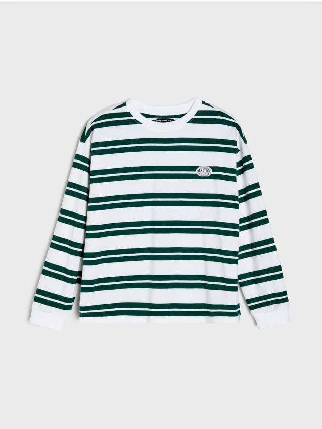 Sinsay - Tricou din bumbac în dungi, cu mânecă lungă - alb