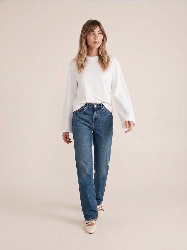 Sinsay - Blugi straight comfort cu efect prespălat - bleumarin
