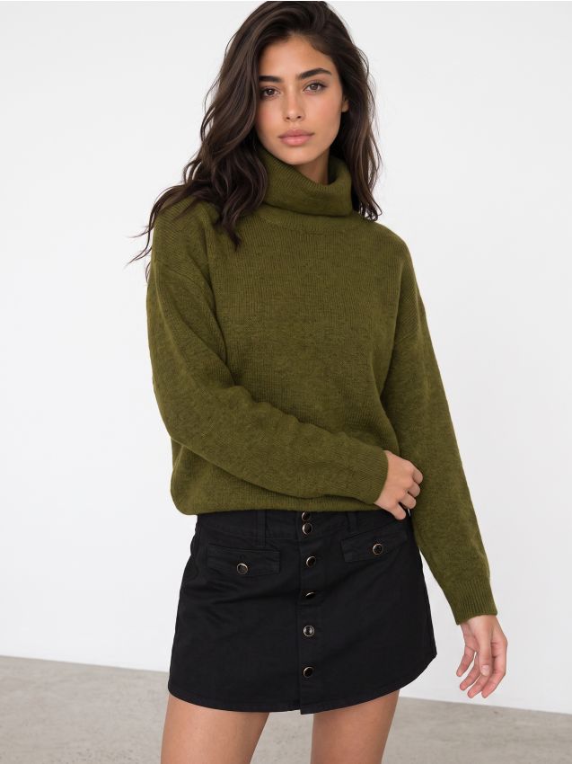 Sinsay - Pulover cu guler înalt și amestec de lână - verde-oliv