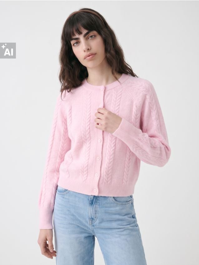 Sinsay - Cardigan cu model împletit, cu amestec de lână - roz-pastel