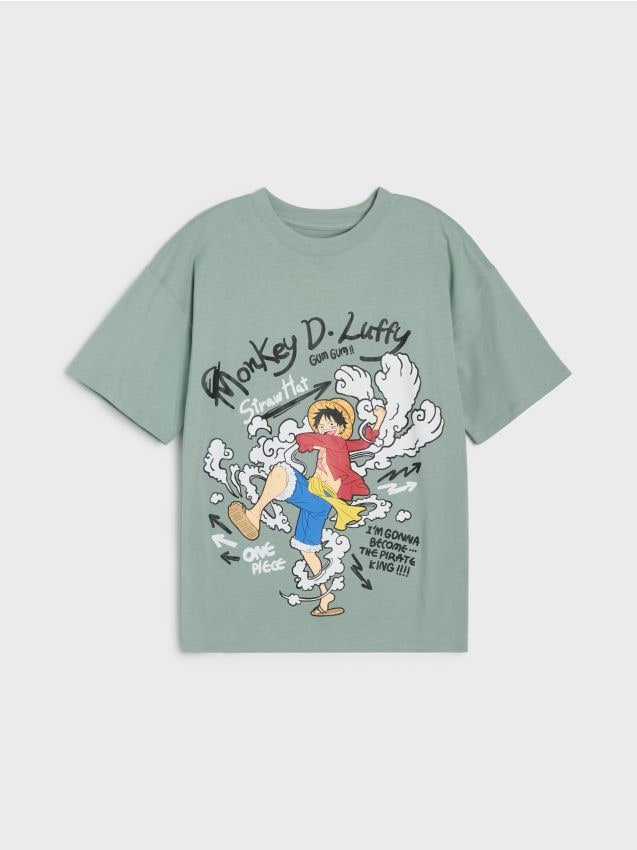 Sinsay - Tricou oversize din bumbac cu imprimeu One Piece - gri-închis