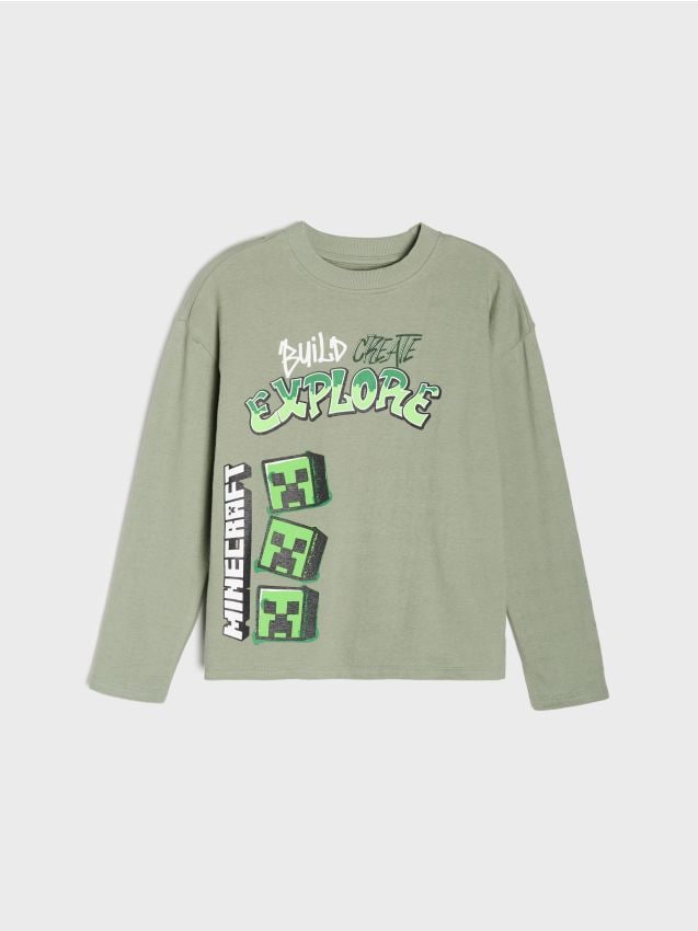 Sinsay - Tricou din bumbac, cu mânecă lungă Minecraft - verde-prăfuit