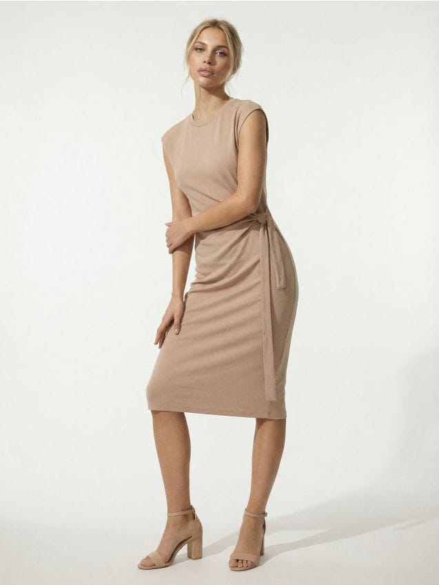 Sinsay - Cotton midi dress with decorative tie and slit - bej