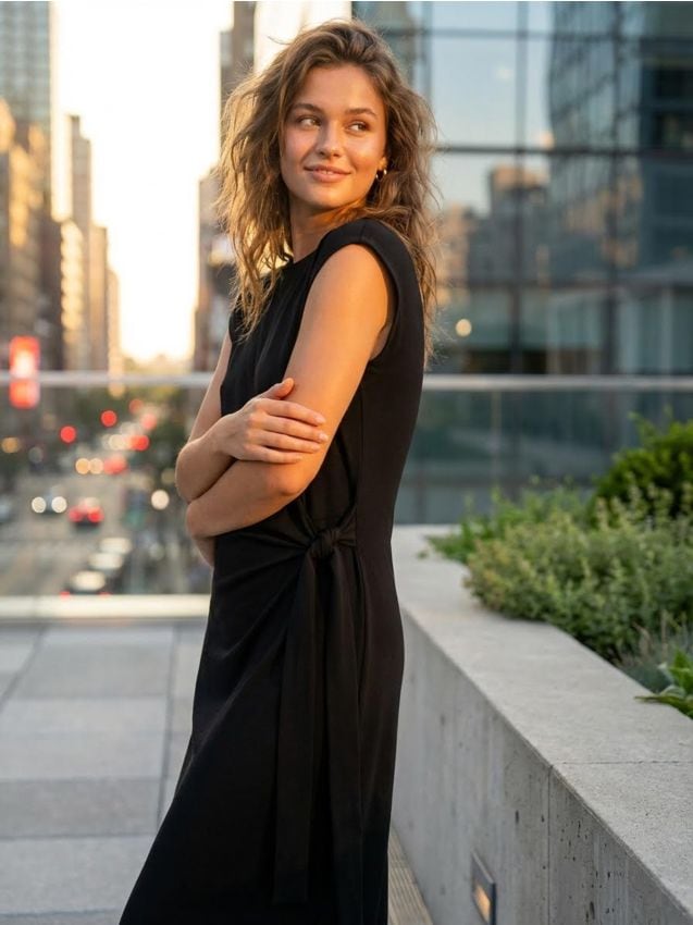 Sinsay - Cotton midi dress with decorative tie and slit - negru