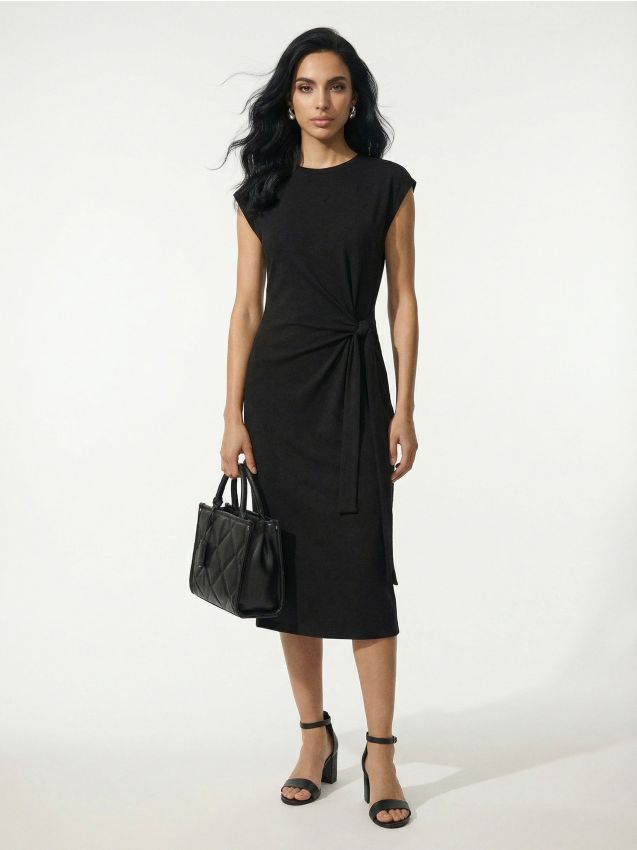 Sinsay - Cotton midi dress with decorative tie and slit - negru